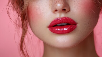 Wall Mural - Vibrant red lips with a glossy finish and freckles on smooth skin stand out against a soft pink background.