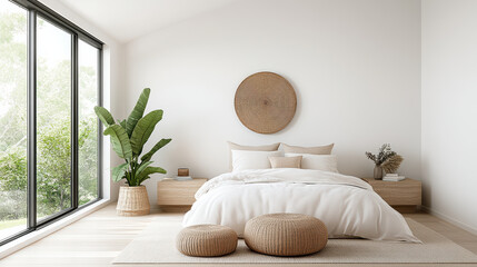 Wall Mural - Tranquil bedroom with reading nook and soft neutral tones, featuring natural elements