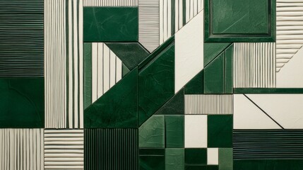 Wall Mural - Intricate sharp geometric patterns in deep green and bright white meld together, creating an engaging and dynamic composition that captivates the viewer's imagination