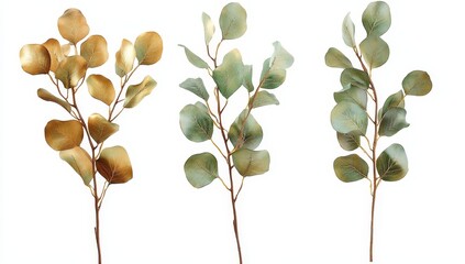 Wall Mural - Three eucalyptus branches, gold, green, and gray-green, isolated on white.