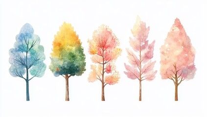 Wall Mural - Five watercolor trees showing seasonal color changes.