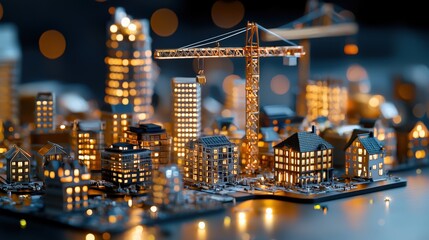 Miniature buildings under construction, with cranes and scaffolding. Tiny foundation being laid brick by brick. Skyscraper with glowing windows and tiny pathways