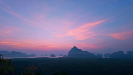 Fototapete - Time lapse Amazing light of nature cloudscape sky above Samed Nang Chee Phang Nga archipelago. 
High peaks wonderful morning sunrise natural Landscape. 
Beautiful sunset tropical landscape background.