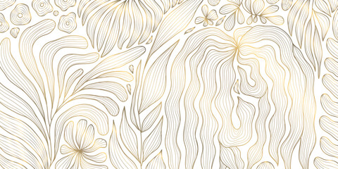 Wall Mural - vector art deco floral pattern, wavy luxury golden line background. leaves texture, line design for 