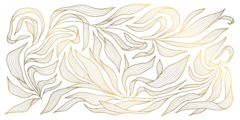 Wall Mural - vector art deco floral pattern, wavy luxury golden line background. leaves texture, line design for 