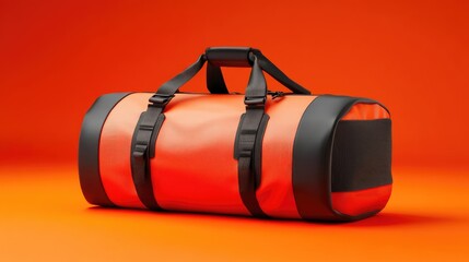 A sporty red and black duffle bag isolated on a bold orange background, energetic and dynamic.