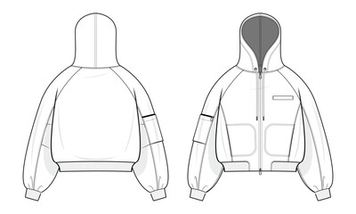 utility hooded bomber jacket technical fashion illustration. bomber jacket with three-pocket design 