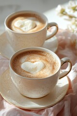 Two cups of cocoa with heart-shaped marshmallows on a pink background