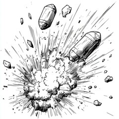 Wall Mural - high-impact explosion: dynamic black and white ink drawing of bullets exploding, showcasing intense 