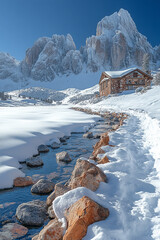 Poster - Stone Cabin Winter Mountain Stream Scene