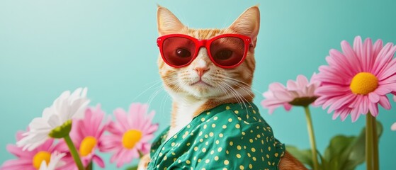 Wall Mural - Cat wearing sunglasses and a colorful outfit surrounded by pink flowers, enjoying a playful moment in a vibrant, cheerful garden setting. Cute pet photography.