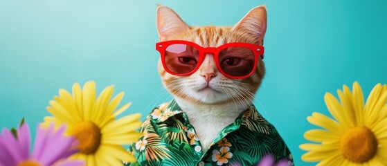 Wall Mural - Cat wearing sunglasses and a tropical shirt surrounded by colorful daisies, perfect for summer vibes, pet-themed content, or fun social media posts.