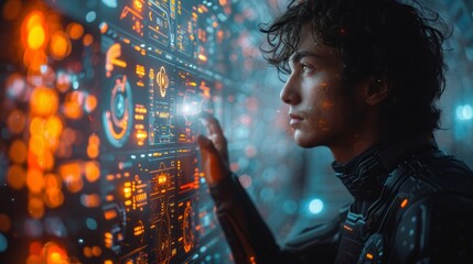 A man interacts with a futuristic, glowing interface. AI generative. .