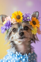 Poster - Dog wearing flower crown, posing with cheerful expression in colorful setting. Adorable pet fashion and springtime vibe for social media and marketing use.