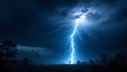 Wall Mural - a dramatic storm scene unfolds as a powerful lightning bolt strikes the ground amidst a dark sky