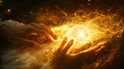 Wall Mural - A person lying peacefully as a healer places their hands over them, with glowing energy.