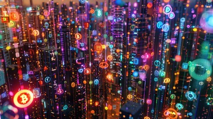 Canvas Print - Futuristic city skyline, vibrant digital icons, colorful buildings, glowing symbols, technology, network, interconnected, abstract, digital art, aerial view.