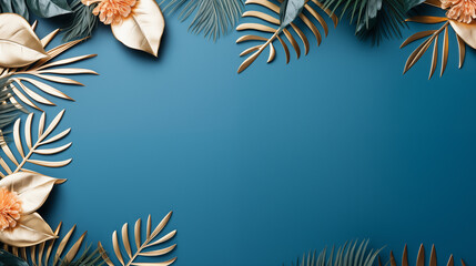 Wall Mural - A blue background with gold leaves and flowers