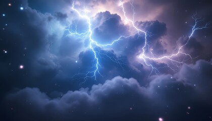Wall Mural - dramatic sky with vivid lightning bolts, plasma particles, and ethereal glowing clouds against storm