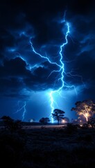 Wall Mural - a powerful lightning strike illuminates a stormy night sky with vibrant electric blue and white