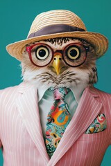 Wall Mural - Owl wearing a pink suit, straw hat, and oversized glasses poses against a teal background. Quirky fashion and animal portrait showcasing unique style and personality.