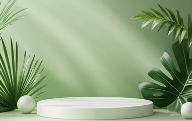 Wall Mural - White round podium with tropical leaves and sunlight on green background.