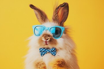 Poster - Rabbit wearing sunglasses and bow tie against bright yellow background, fun pet costume for parties or events, fashionable animal portrait with playful vibes.