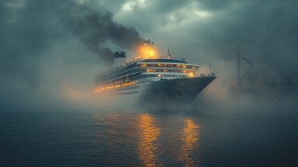 Cruise ship sailing in thick fog at night, emitting smoke.