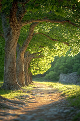 Poster - Sunlit Path Under Arching Trees In A Green Landscape