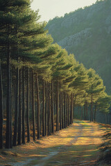 Poster - Sunlit Pathway Through a Line of Majestic Pine Trees