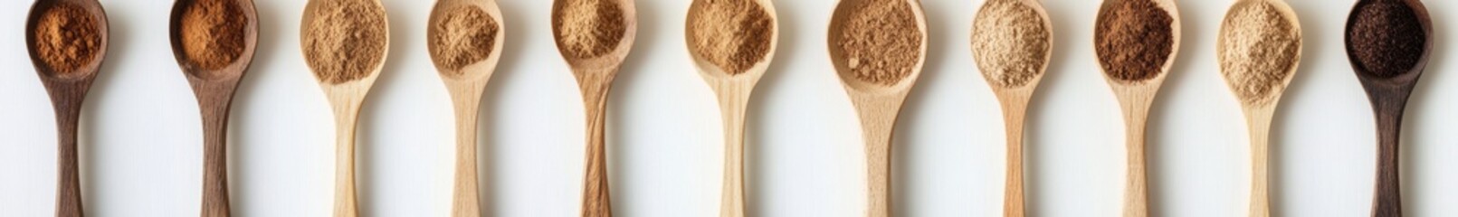 Wall Mural - Ten wooden spoons in varying shades of brown, arranged in a row against a white background.