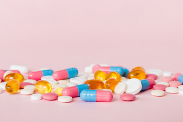 Wall Mural - Many different colorful medication and pills perspective view. Set of many pills on colored background