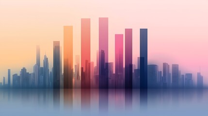 Poster - Abstract city skyline at sunset with colorful bars reflecting on water, serene atmosphere