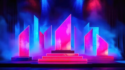 Wall Mural - Vibrant abstract stage design with glowing geometric prisms, soft UV light effects, and a futuristic vibe