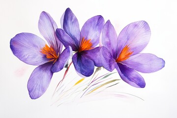 Wall Mural - Watercolor painting of three purple crocus flowers with orange centers on white background.