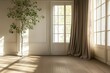 © idharmaian - Sunlit room with hardwood floors, potted tree, and curtains near windows.