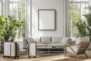 Wall Mural - Modern living room interior with suitcases, plants, and large windows.