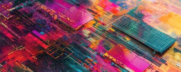 Close-up of colorful microchip circuits, futuristic technology, modern innovation.