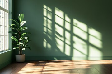 Wall Mural - Sunlit room corner, green wall, plant, hardwood floor.