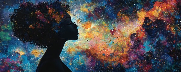 Wall Mural - cosmic silhouette, stars, galaxy, nebula, dream, universe, contemplation, space, woman, night sky, c
