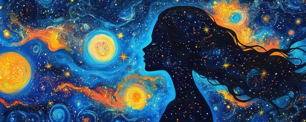 Wall Mural - cosmic silhouette, stars, galaxy, nebula, dream, universe, contemplation, space, woman, night sky, c