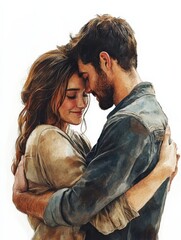 Watercolor painting of a young couple embracing tenderly, their foreheads touching, eyes closed, and smiles visible.