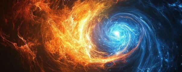 Wall Mural - cosmic swirl, galaxy fusion, warm and cool colors, orange and blue, abstract design this image depic