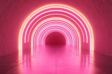 Wall Mural - pink neon archway tunnel, glowing lights, abstract background.