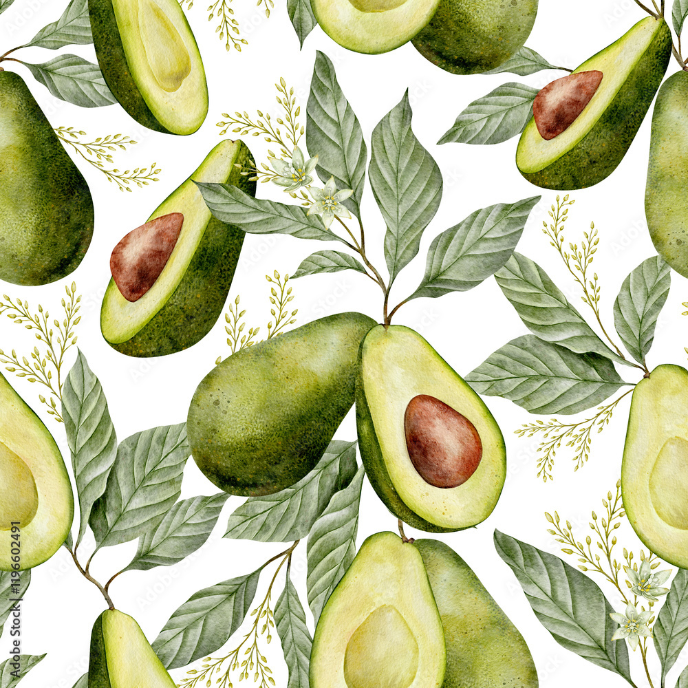 Watercolor avocado with flowers seamless pattern on white background ...