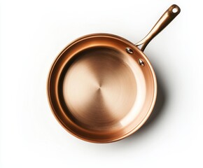 top view of a shiny copper frying pan with a long handle, isolated on white background.