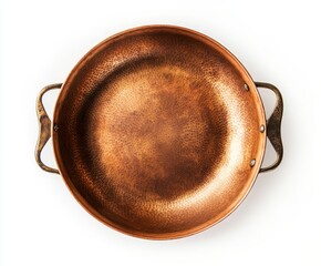 Wall Mural - Top view of empty rustic copper pan with handles isolated on white.