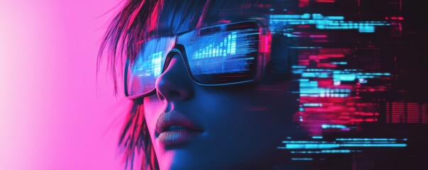 Wall Mural - digital art glitch aesthetic: abstract glitch effect, vibrant neon colors, digital art, futuristic v