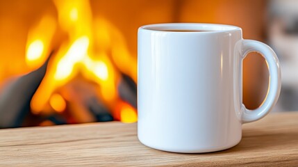 Wall Mural - Cozy White Coffee Mug on a Wooden Table by a Warm Fireplace