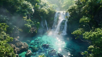 Canvas Print - Lush tropical waterfall cascading into a crystal-clear pool nestled amidst dense jungle foliage.